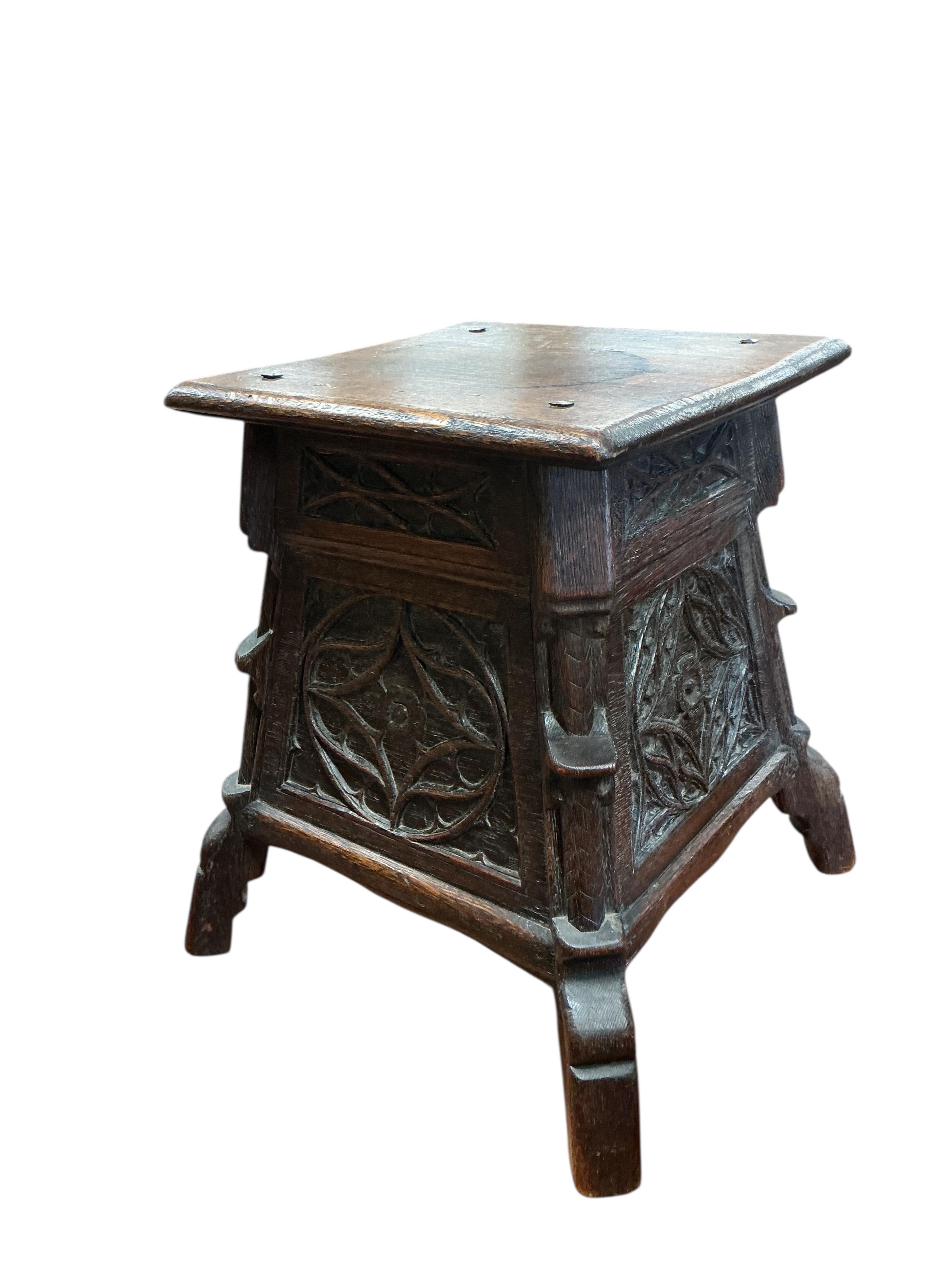 A 17th century Pugin style square oak occasional table, width 48cm, height 53cm